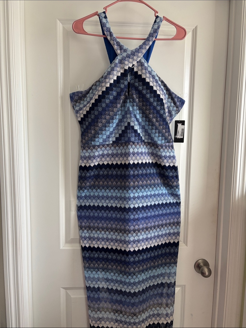 Guess Blue Patterned Crisscross Halter Midi Dress